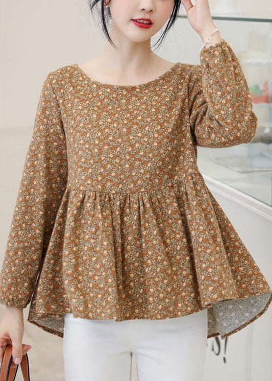 Retro Gelb Print Baumwolle Shirt Top Asymmetrische Langarm