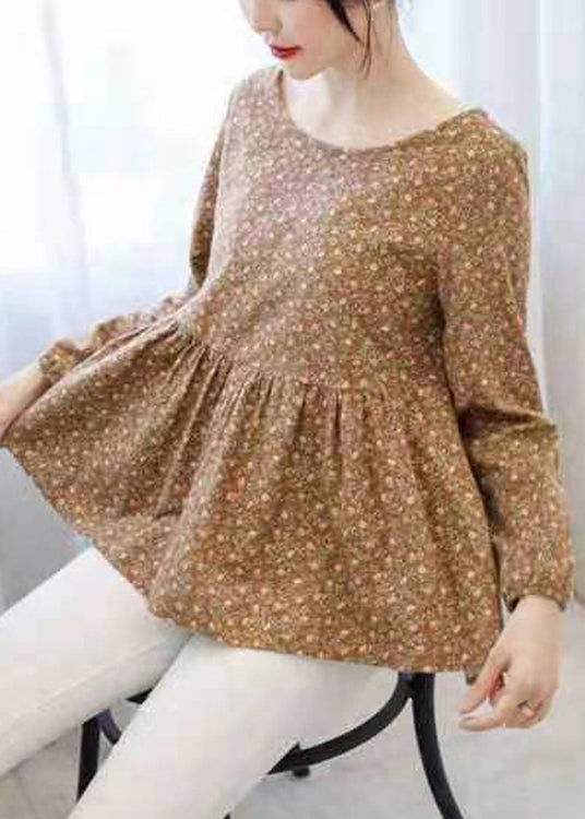 Retro Gelb Print Baumwolle Shirt Top Asymmetrische Langarm