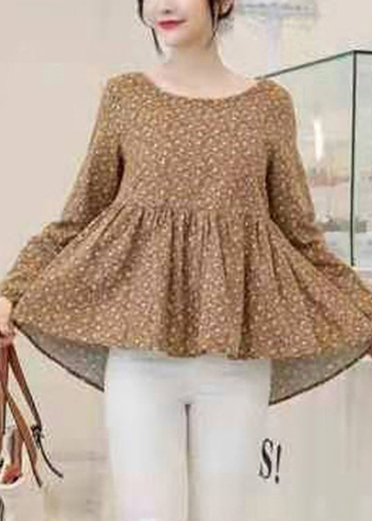 Retro Gelb Print Baumwolle Shirt Top Asymmetrische Langarm