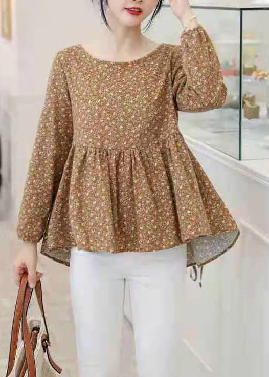 Retro Gelb Print Baumwolle Shirt Top Asymmetrische Langarm