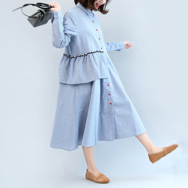 Rüschen blau weiß gestreiften Baumwolle Kleider plus Größe casual