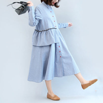 Rüschen blau weiß gestreiften Baumwolle Kleider plus Größe casual