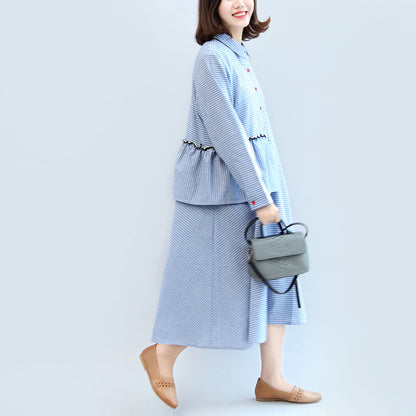 Rüschen blau weiß gestreiften Baumwolle Kleider plus Größe casual