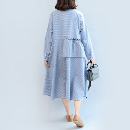 Rüschen blau weiß gestreiften Baumwolle Kleider plus Größe casual