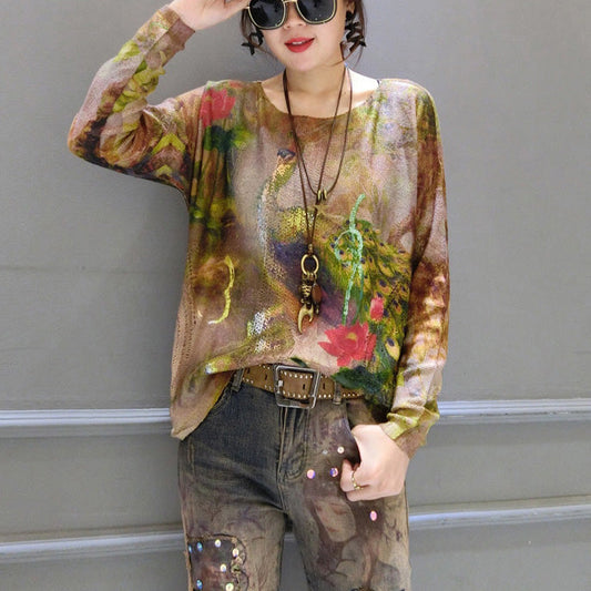 Fit gold phoenix print baumwolle stricken tops übergroßen asymmetrischen Streetwear pullover