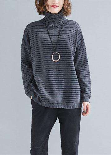 spring gray striped knit blouse high neck trendy plus size spring knitwear - SooLinen