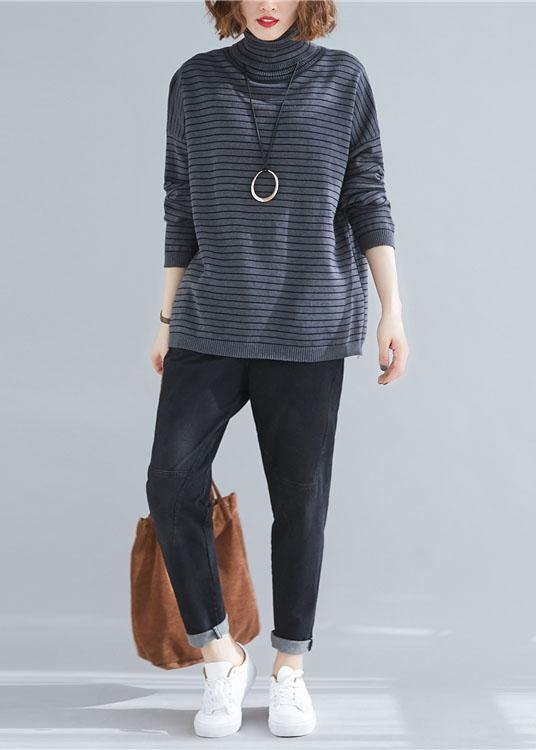 spring gray striped knit blouse high neck trendy plus size spring knitwear - SooLinen
