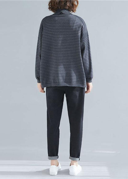spring gray striped knit blouse high neck trendy plus size spring knitwear - SooLinen