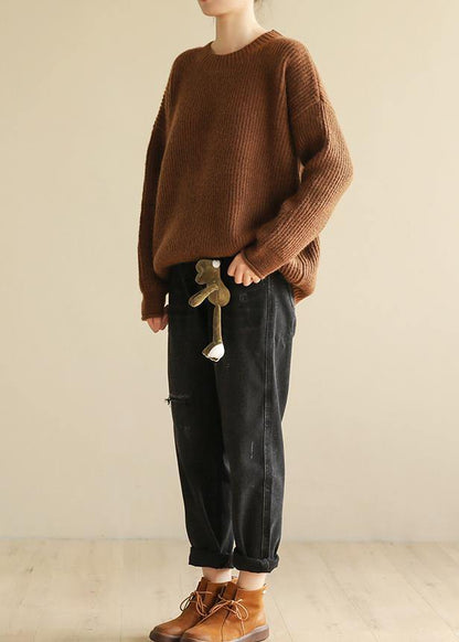 spring o neck brown sweaters casual long sleeve crane tops - SooLinen