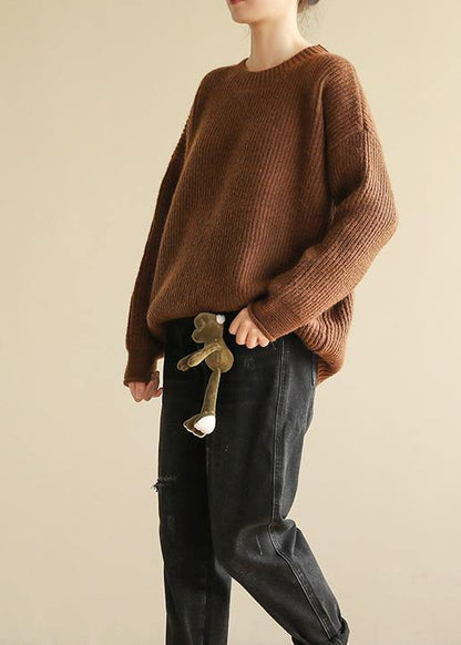 spring o neck brown sweaters casual long sleeve crane tops - SooLinen