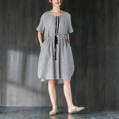 stylische Midi-Baumwollkleider Locker sitzendes graues Damen-Sommerkleid mit Rüschen und Schleife