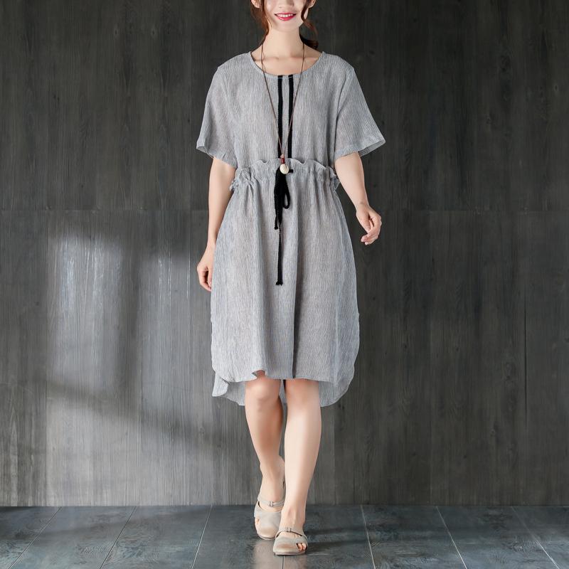stylische Midi-Baumwollkleider Locker sitzendes graues Damen-Sommerkleid mit Rüschen und Schleife