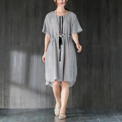 stylische Midi-Baumwollkleider Locker sitzendes graues Damen-Sommerkleid mit Rüschen und Schleife