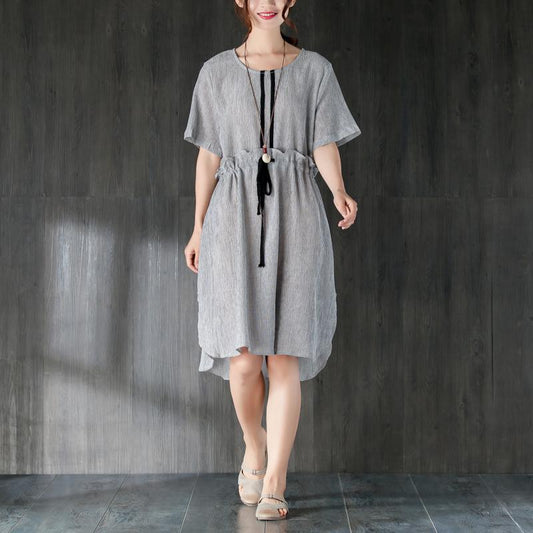 stylische Midi-Baumwollkleider Locker sitzendes graues Damen-Sommerkleid mit Rüschen und Schleife