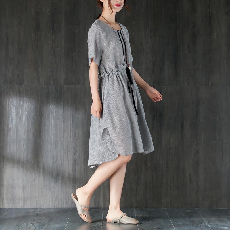 stylische Midi-Baumwollkleider Locker sitzendes graues Damen-Sommerkleid mit Rüschen und Schleife
