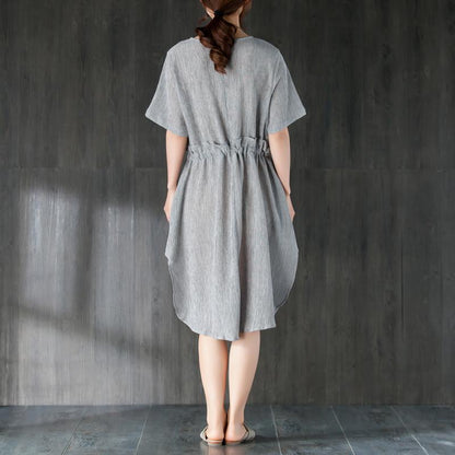 stylische Midi-Baumwollkleider Locker sitzendes graues Damen-Sommerkleid mit Rüschen und Schleife