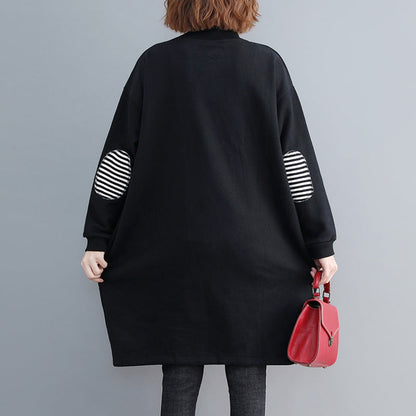 stylish black Midi cotton dresses plus size clothing cotton clothing dresses o neck holiday dresses long sleeve thick