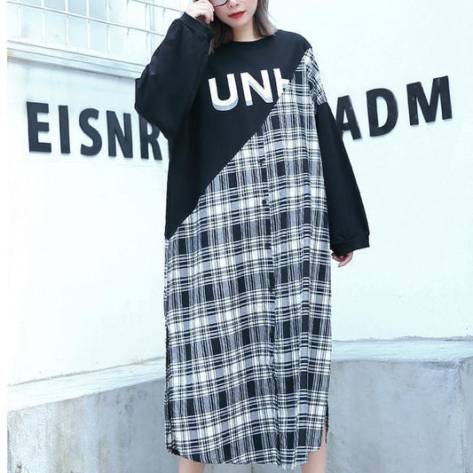 stylish black Plaid patchwork cotton blended dresses O neck caftans women side open baggy dresses