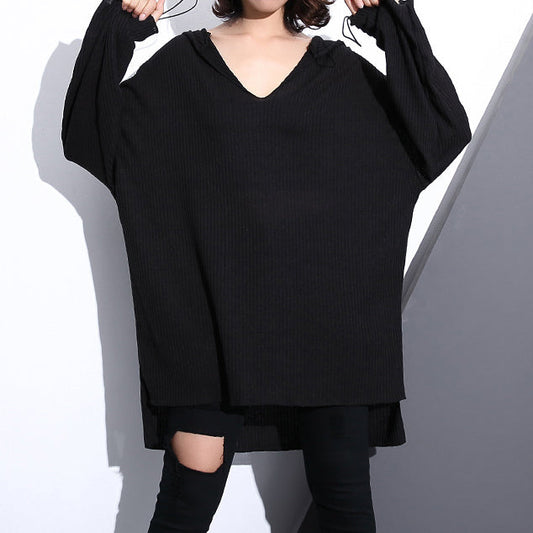 stylish black cotton blended oversized Hooded baggy clothing tops women long sleeve asymmetrical design cotton clothing
