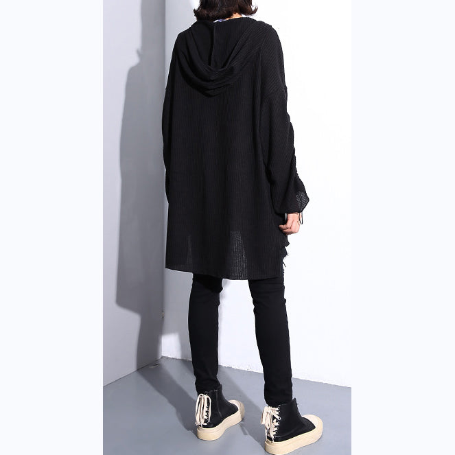 stylish black cotton blended oversized Hooded baggy clothing tops women long sleeve asymmetrical design cotton clothing