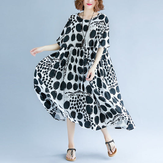 stylish black cotton linen maxi dress oversized short sleeve print baggy dresses cotton gown casual v neck traveling clothing