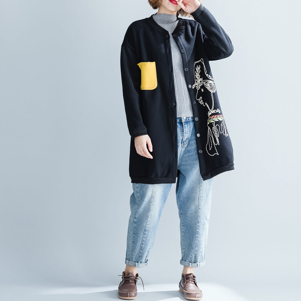 stylisches schwarzes Baumwolltops Oversize-Baumwolle O-Ausschnitt Naturpullover Print Button Down T-Shirt