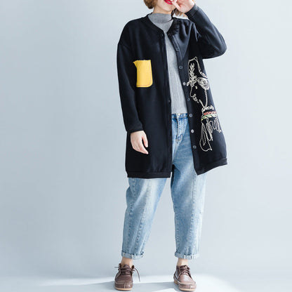 stylisches schwarzes Baumwolltops Oversize-Baumwolle O-Ausschnitt Naturpullover Print Button Down T-Shirt