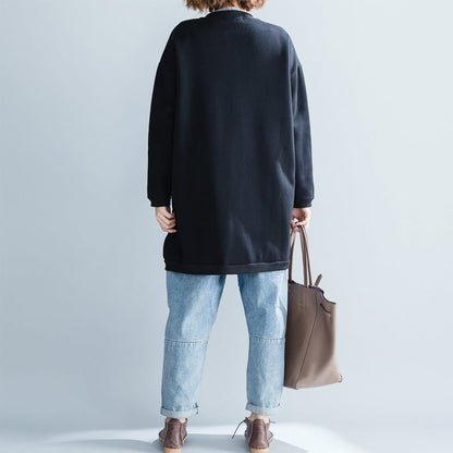 stylisches schwarzes Baumwolltops Oversize-Baumwolle O-Ausschnitt Naturpullover Print Button Down T-Shirt