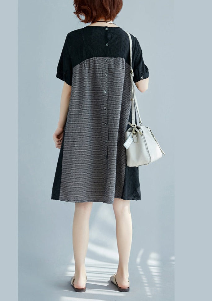 stilvolles schwarzes Kleid aus natürlichem Baumwollleinen Locker sitzende Kurzarmtaschen Urlaubskleider 2018 O-Ausschnitt Patchwork-Kleider aus Baumwollleinen