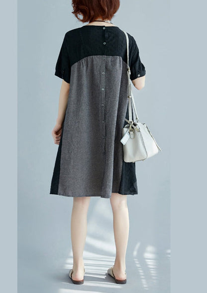 stilvolles schwarzes Kleid aus natürlichem Baumwollleinen Locker sitzende Kurzarmtaschen Urlaubskleider 2018 O-Ausschnitt Patchwork-Kleider aus Baumwollleinen