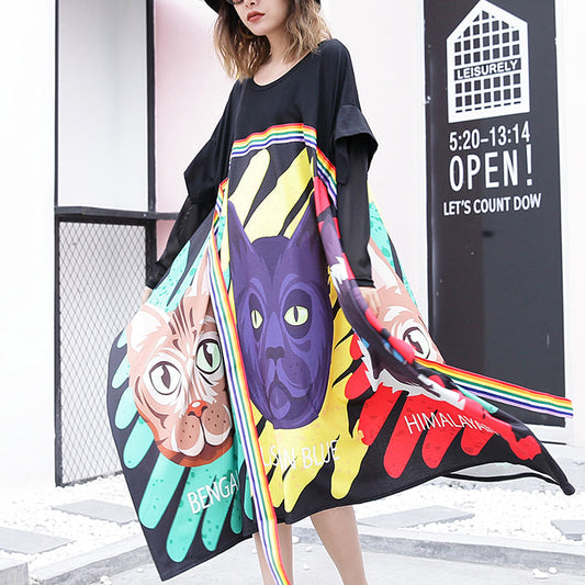 stylisches schwarzes Baumwollkleid mit Print Locker sitzendes Patchwork-Baumwollkleid aus Tüll lässiger Kaftan mit asymmetrischem Saum