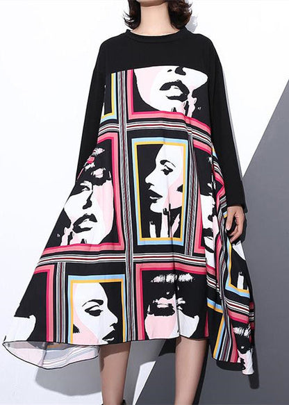 stylish black silk cotton blended dress casual O neck asymmetrical design gown casual patchwork baggy dresses