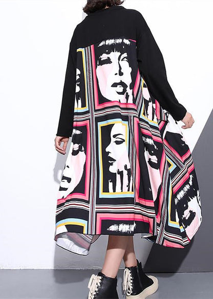 stylish black silk cotton blended dress casual O neck asymmetrical design gown casual patchwork baggy dresses