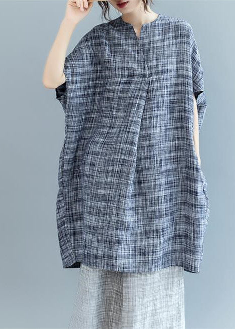 stylisches schwarzes kariertes Naturleinenkleid, übergroßes Reisekleid 2018, Fledermausärmel, Rundhalsausschnitt, Baggy-Kleid