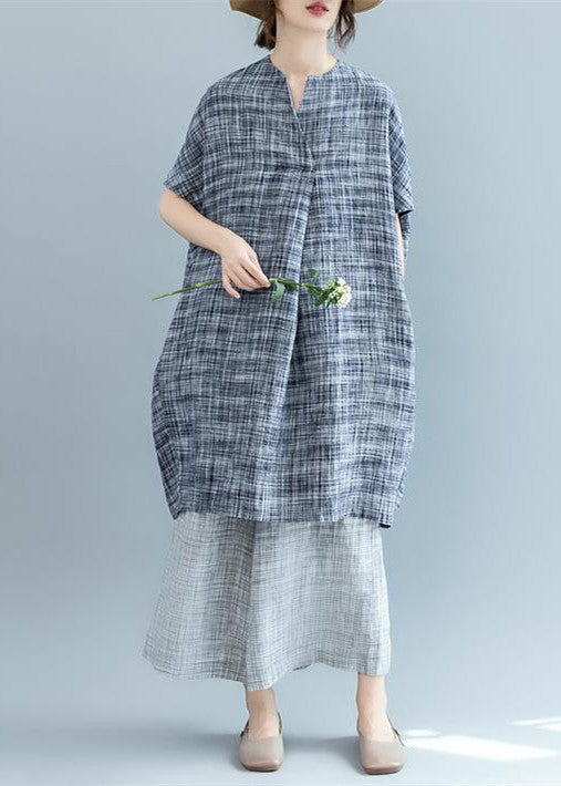 stylisches schwarzes kariertes Naturleinenkleid, übergroßes Reisekleid 2018, Fledermausärmel, Rundhalsausschnitt, Baggy-Kleid