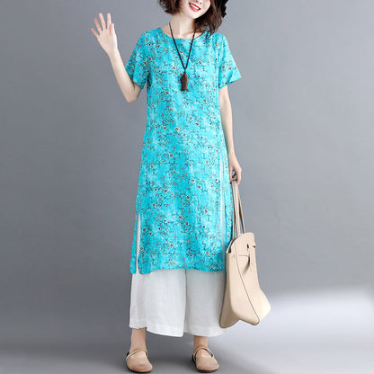 stylische blaue Kleider aus Baumwollleinen Locker sitzende kurzärmelige lange Baumwollkleider Vintage-Reisekleid mit Rundhalsausschnitt