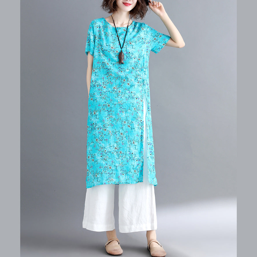 stylische blaue Kleider aus Baumwollleinen Locker sitzende kurzärmelige lange Baumwollkleider Vintage-Reisekleid mit Rundhalsausschnitt