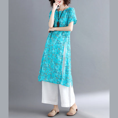stylische blaue Kleider aus Baumwollleinen Locker sitzende kurzärmelige lange Baumwollkleider Vintage-Reisekleid mit Rundhalsausschnitt