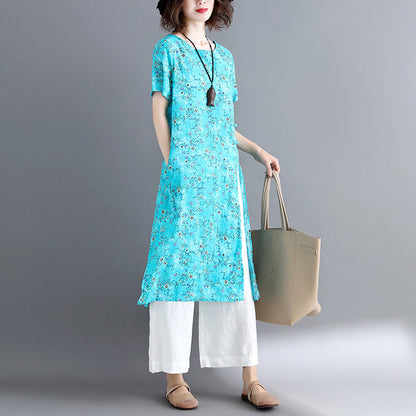 stylische blaue Kleider aus Baumwollleinen Locker sitzende kurzärmelige lange Baumwollkleider Vintage-Reisekleid mit Rundhalsausschnitt
