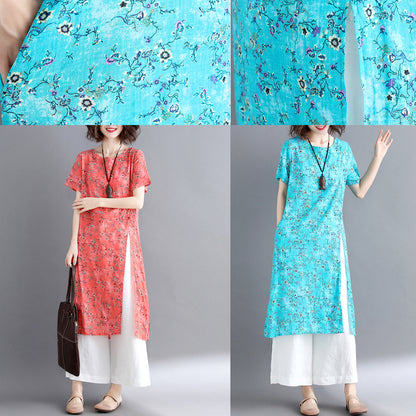stylische blaue Kleider aus Baumwollleinen Locker sitzende kurzärmelige lange Baumwollkleider Vintage-Reisekleid mit Rundhalsausschnitt