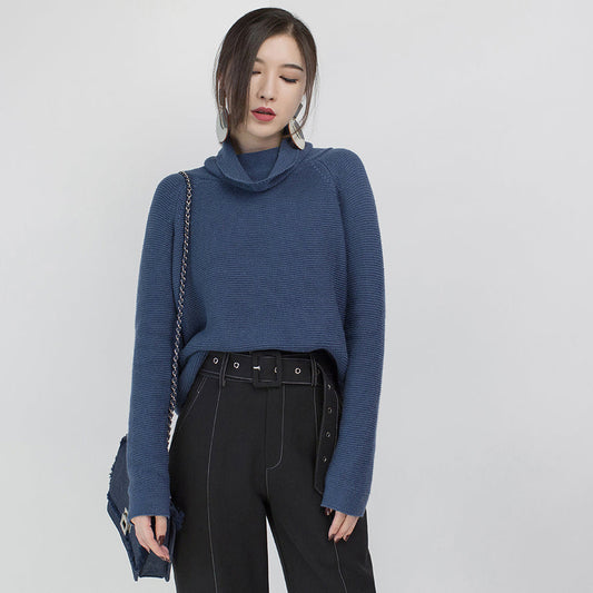 stylischer blauer kuscheliger Pullover Locker sitzende High Neck Strick Sweat Tops Vintage Bluse