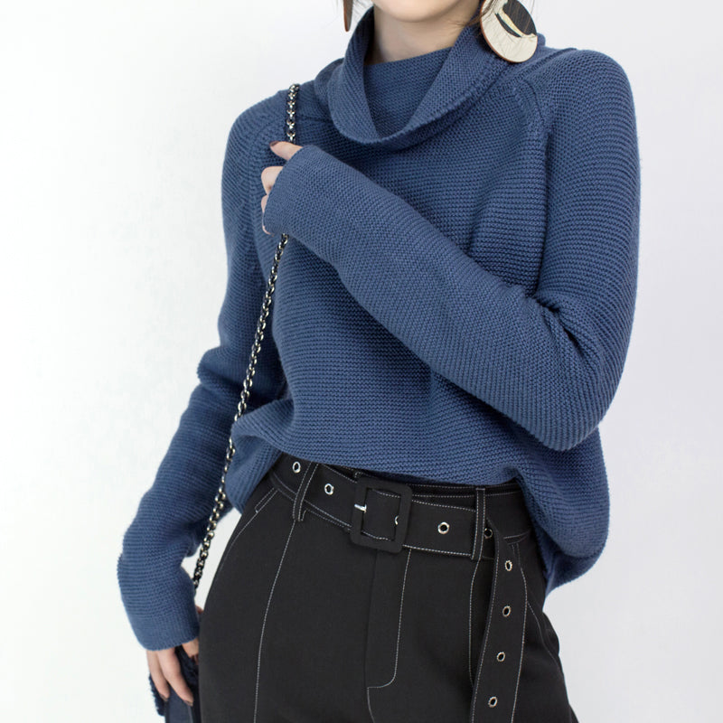 stylischer blauer kuscheliger Pullover Locker sitzende High Neck Strick Sweat Tops Vintage Bluse