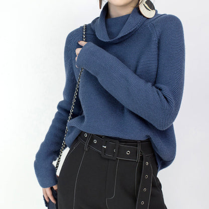 stylischer blauer kuscheliger Pullover Locker sitzende High Neck Strick Sweat Tops Vintage Bluse