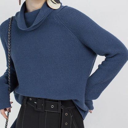 stylischer blauer kuscheliger Pullover Locker sitzende High Neck Strick Sweat Tops Vintage Bluse