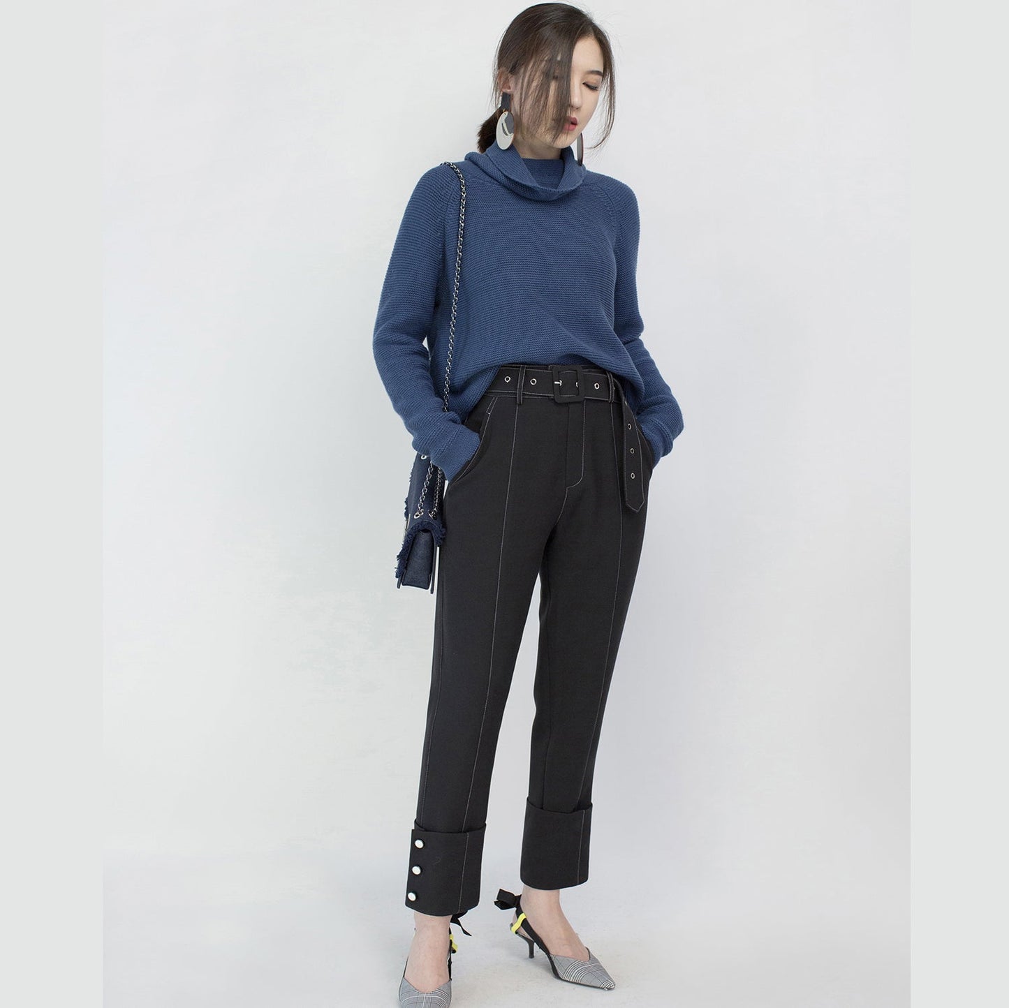 stylischer blauer kuscheliger Pullover Locker sitzende High Neck Strick Sweat Tops Vintage Bluse