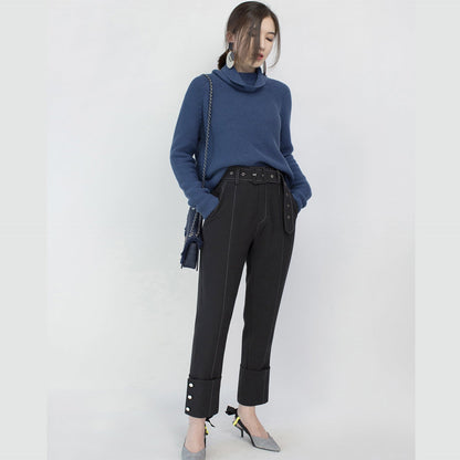 stylischer blauer kuscheliger Pullover Locker sitzende High Neck Strick Sweat Tops Vintage Bluse