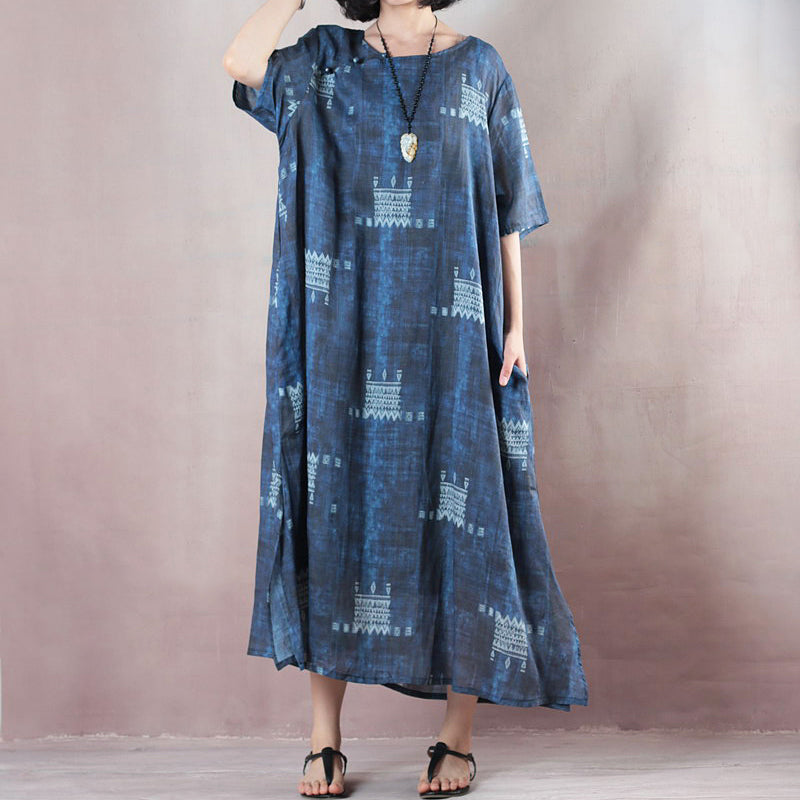 stilvolle blaue Leinenkleider trendige Plus-Size-O-Ausschnitt-Kaftane mit extra großem Saum 2018 Kurzarm-Baggy-Kleider-Kaftane