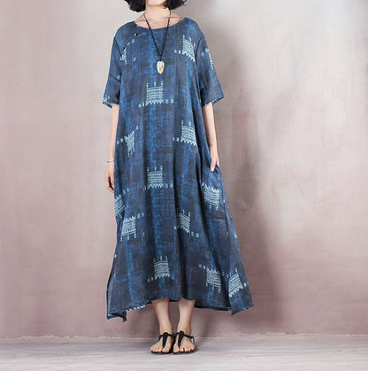 stilvolle blaue Leinenkleider trendige Plus-Size-O-Ausschnitt-Kaftane mit extra großem Saum 2018 Kurzarm-Baggy-Kleider-Kaftane