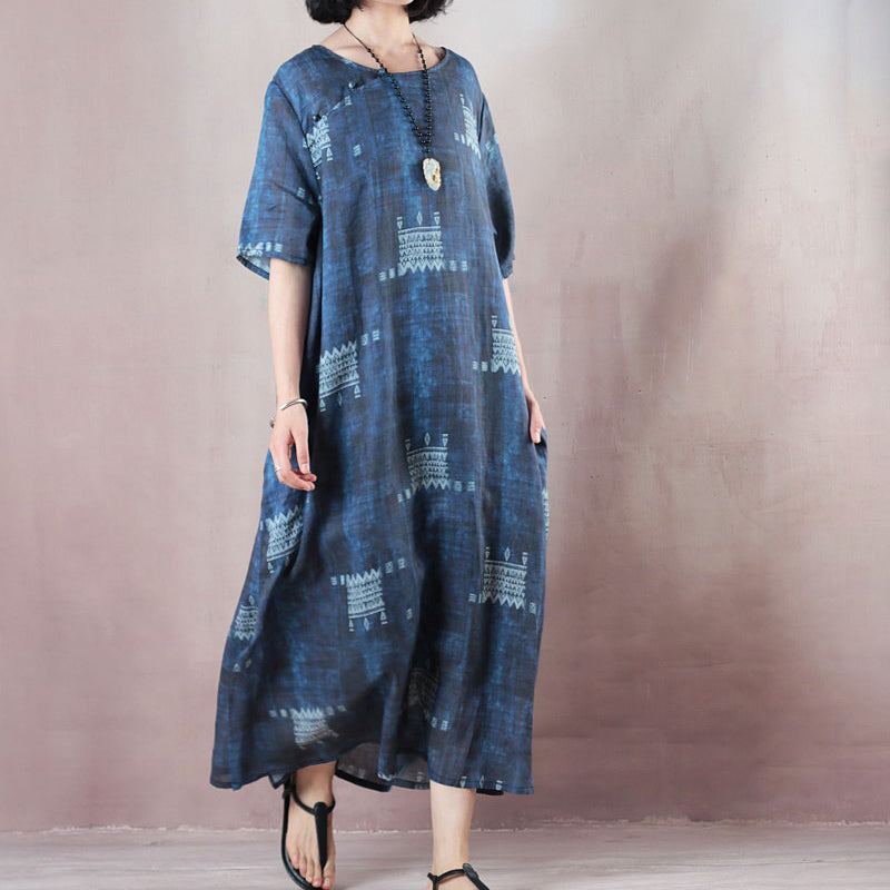 stilvolle blaue Leinenkleider trendige Plus-Size-O-Ausschnitt-Kaftane mit extra großem Saum 2018 Kurzarm-Baggy-Kleider-Kaftane