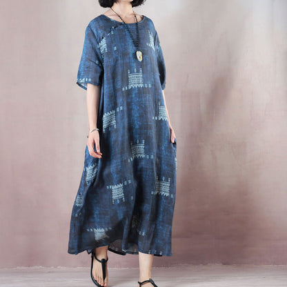 stilvolle blaue Leinenkleider trendige Plus-Size-O-Ausschnitt-Kaftane mit extra großem Saum 2018 Kurzarm-Baggy-Kleider-Kaftane